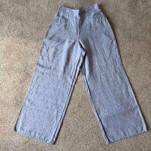 Flax Womens Blue 100% Linen Wide Leg Pants High Rise Elastic Waist Small NEW